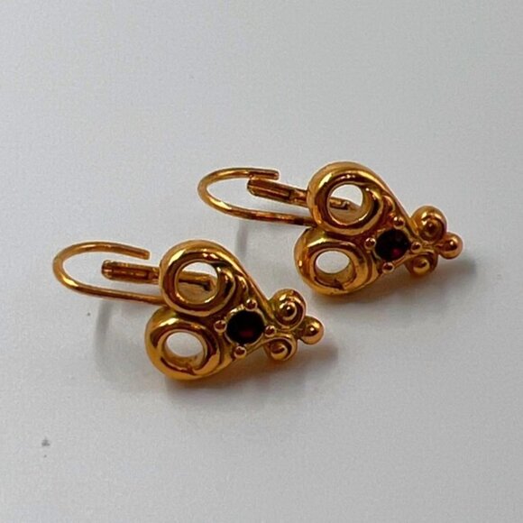 Pierced Earrings Heart Gold Red Drop Classic Rhinestone - Picture 1 of 2